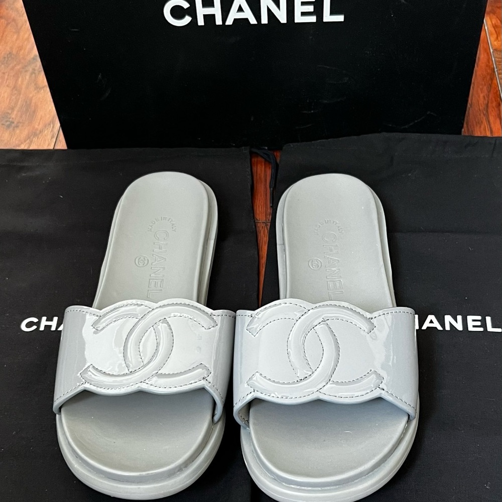 Authentic Chanel Patent Leather CC Gray Slides Sandals